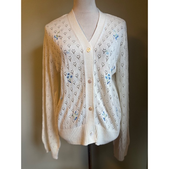 Carolyn Taylor Sweaters - Cream Floral Embroidered Open Knit Cardigan Sweater XL‎ boho cottagecore granny